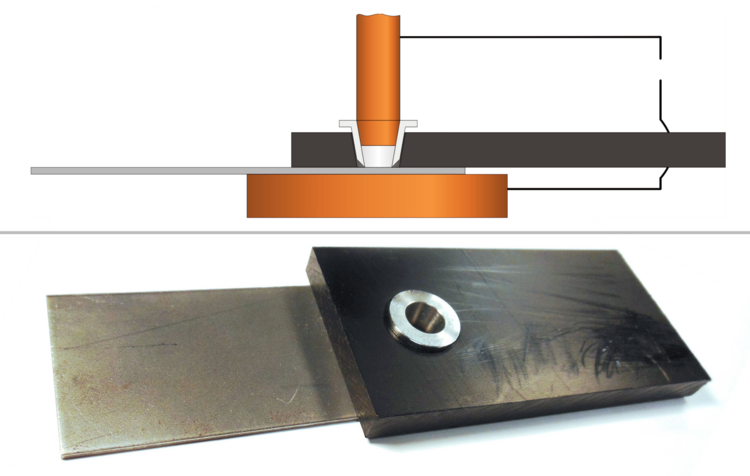 Schema des Verfahrens (oben); fertiggestellte Fügeverbindung Metallblech und Kunststoffplatte (unten). (M.Werz, Materials Testing Institute University of Stuttgart (MPA))