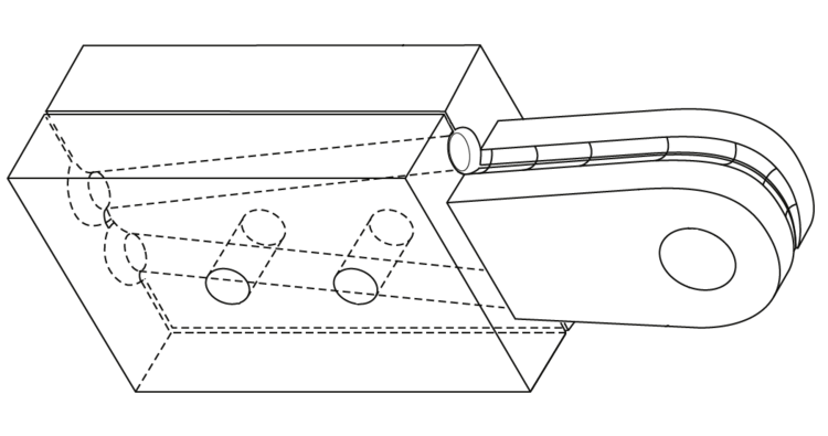 Isometrische Darstellung der beispielhaften Klemm-Verbindung ohne Seil bestehend aus zwei Hälften mit integriertem Bolzenauge und zwei Durchgangsbohrungen zur Verschraubung.