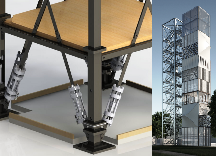 Bild 1: CAD-Modelle einer Tragstruktur mit integrierten Aktoren in den Diagonalstreben (li.) und des 36,5 m hohen Demonstrator-Turms der Universität Stuttgart (re.).
