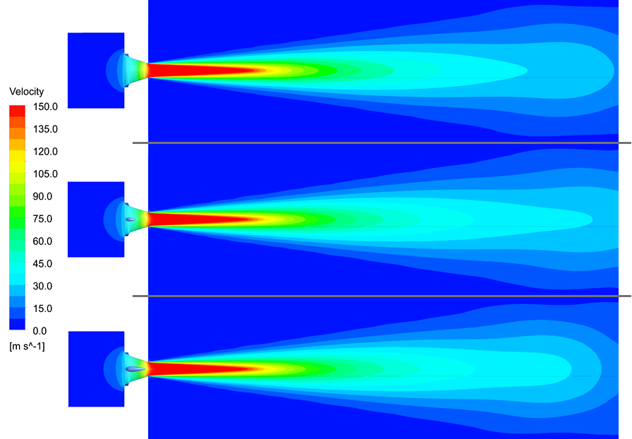 Simulationsbeispiele für unterschiedliche Zentralkörper - Referenz (oben), kleiner Zentralkörper (mitte) und großer Zentralkörper (unten) [Bilder: Tplus Engineering GmbH ].