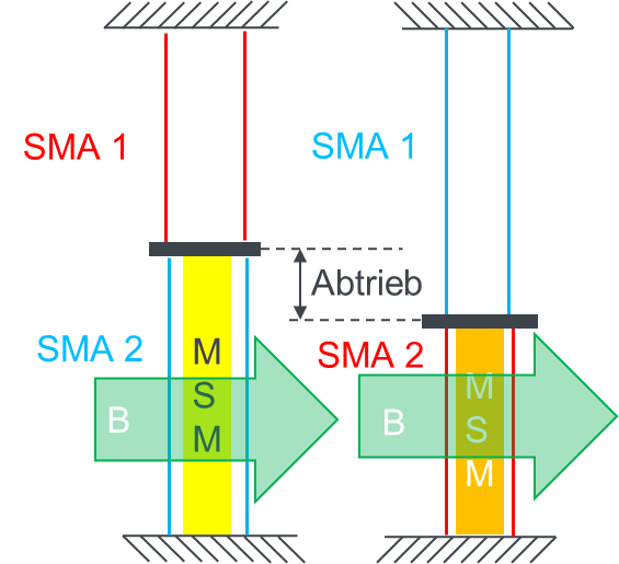 Schematische Darstellung eines multistabilen Formgedächtnisaktors ergänzt durch Federn für die Aufnahme größerer Kräfte.